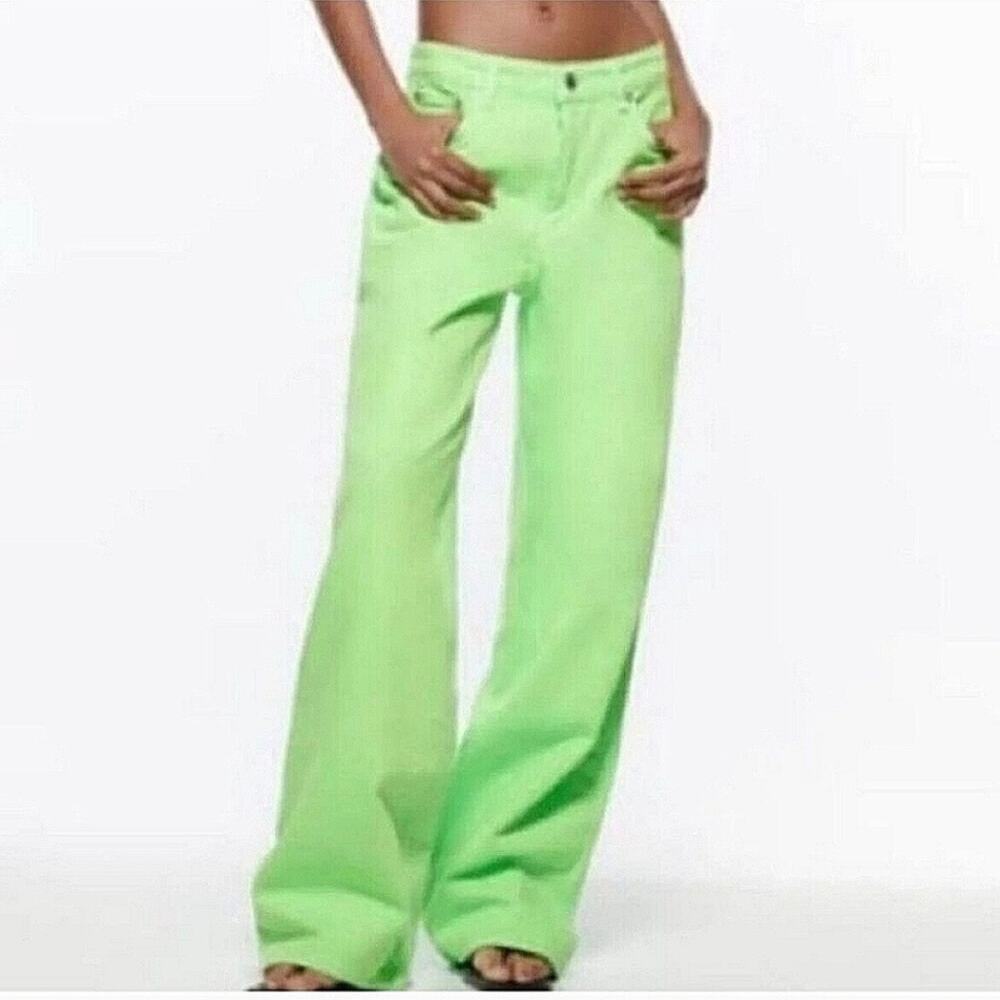 Zara the boogie pant super wide leg mid-rise full length Jeans GREEN NEW 40 US8